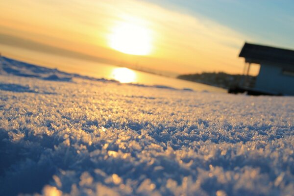 Winter dawn. Winter house