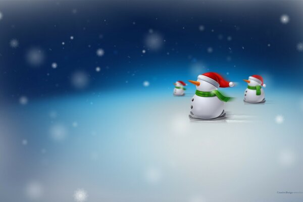 Snowmen in red hats in the snow