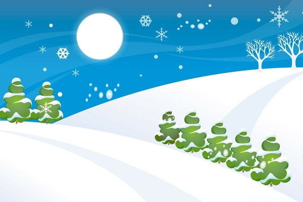 Vector illustration of winter slopes with Christmas trees in the snow