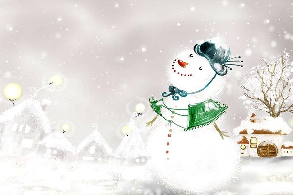 Cartoon funny snowman and it s snowing