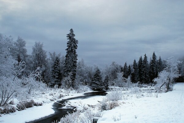 Cold frozen river in winter