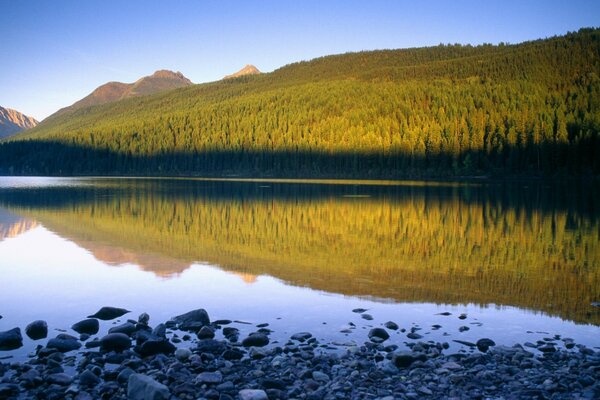 Lago em meio a montanhas e florestas