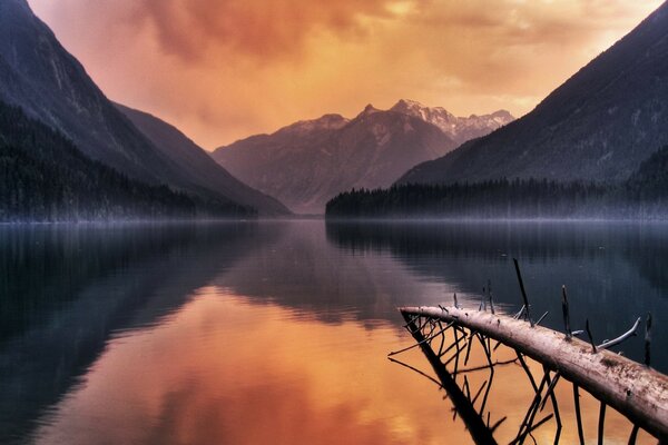 Sunset on a lake in a mountainous area