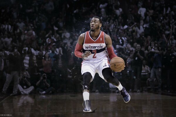 Foto de um jogador de basquete em movimento com a bola