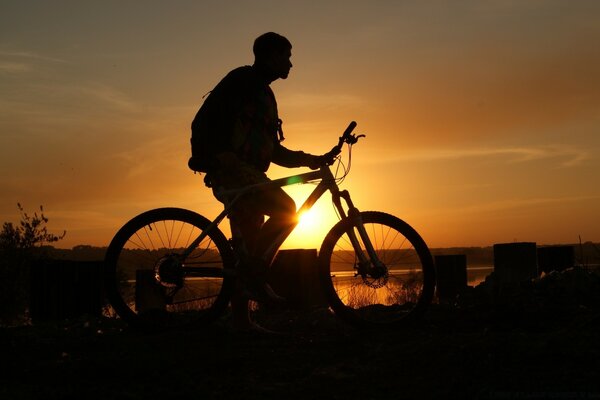 A cyclist rides in the evening at sunset