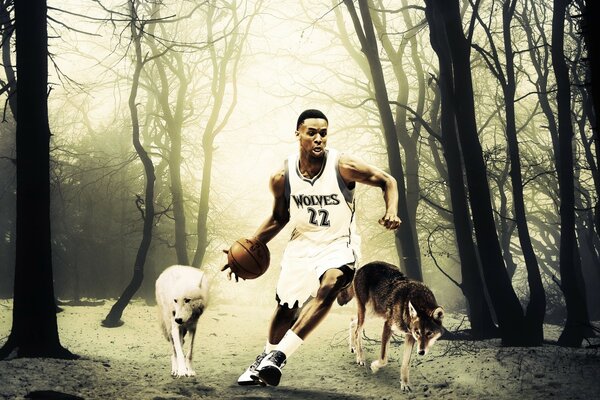 Basketball player in the woods with dogs