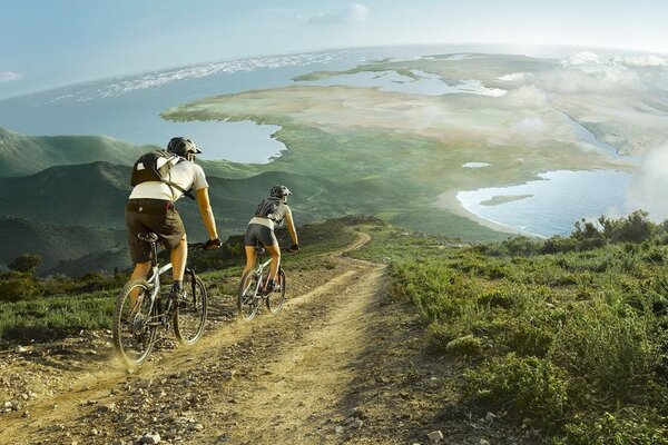 Paesaggio fantastico due ciclisti