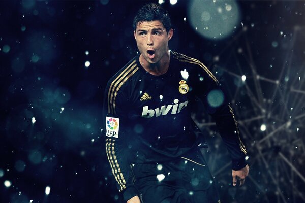 Cristiano Ronaldo in motion under falling snowflakes