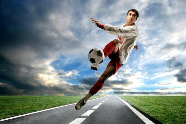 A football player with a ball on the road in the distance