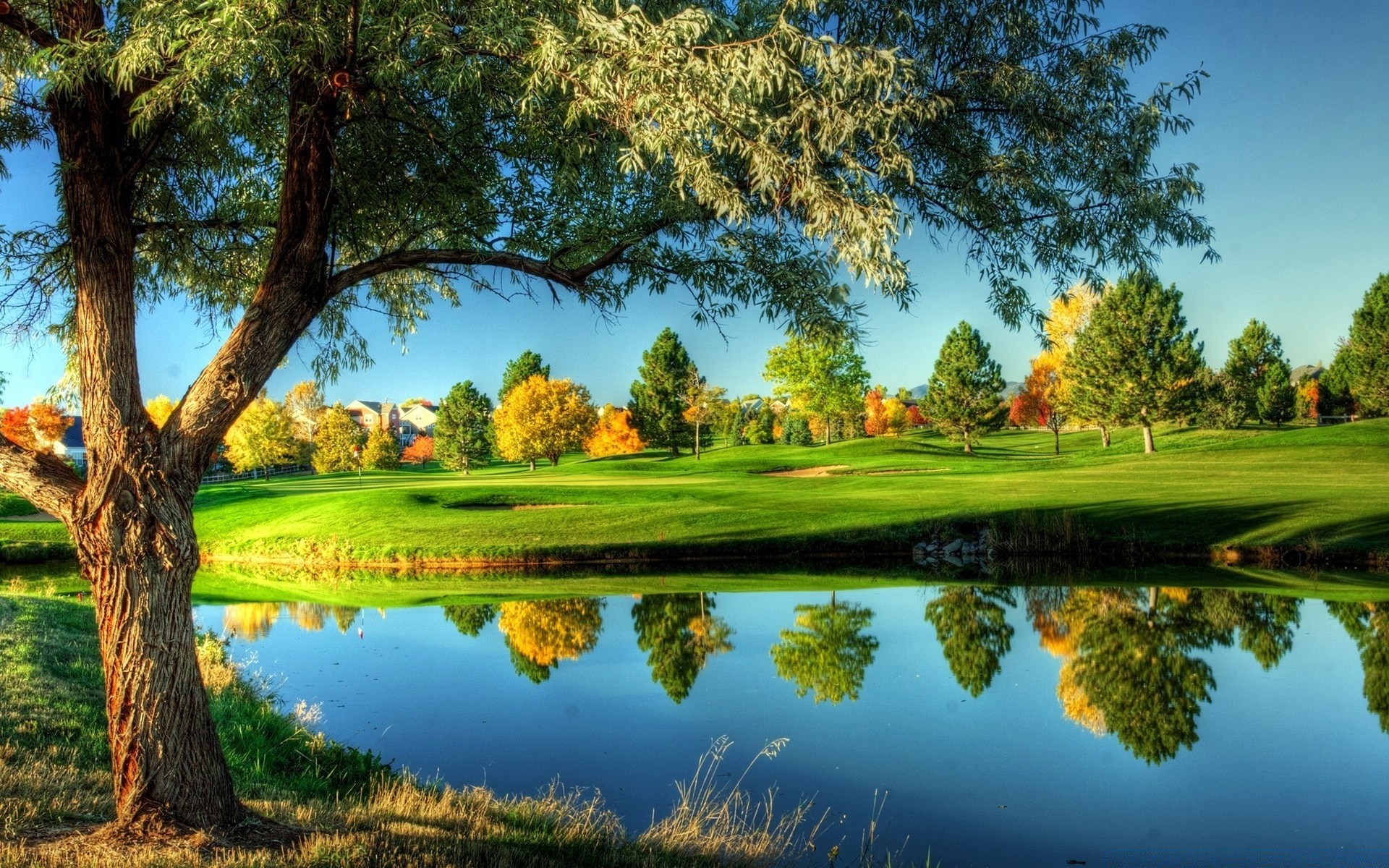 golf drzewo trawa krajobraz natura jezioro niebo sceniczny na zewnątrz lato odbicie basen park drewno woda sianokosy spektakl wiejski chmura rzeka