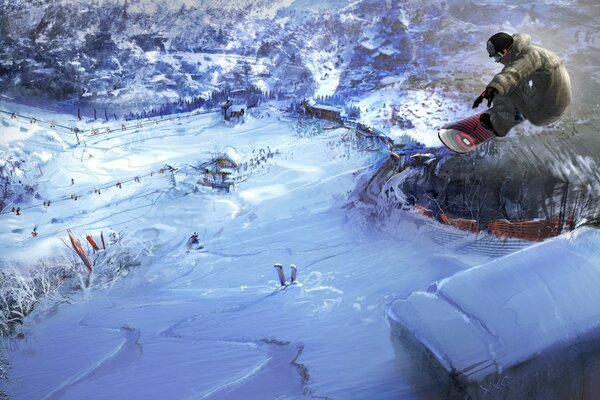 A snowboarder takes off a beautiful background from a springboard