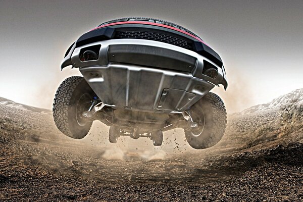 The car lifts off the ground at speed. Photo from below