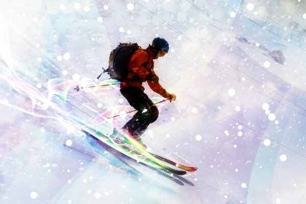 A skier descends from the mountain a colorful picture in motion