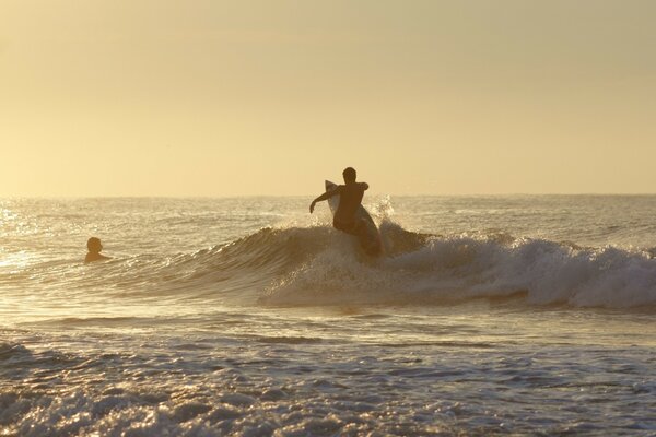 Surfer auf den Wellen bei abendlichem Sonnenuntergang