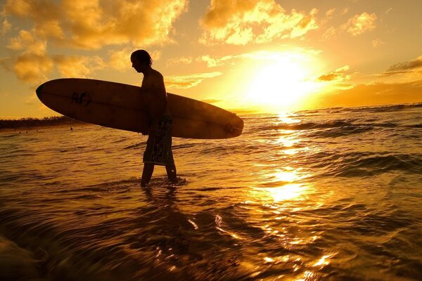 Un surfista con una tabla emerge del océano en medio de la puesta de sol