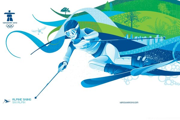 3-d-Grafik der Skifahrerin in völliger Epikologie vor dem Hintergrund von schneebedeckten Feldern und einem Skilift