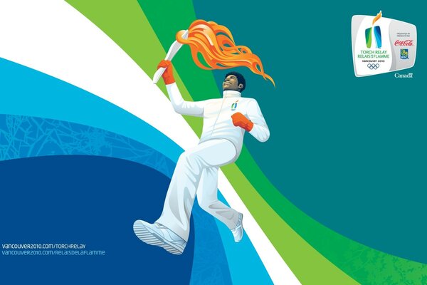 3-d graphics of a runner with the Olympic flame in his hand