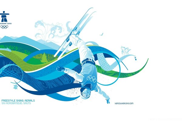 Ilustración del deporte de la competencia de esquí sobre un fondo verde y azul