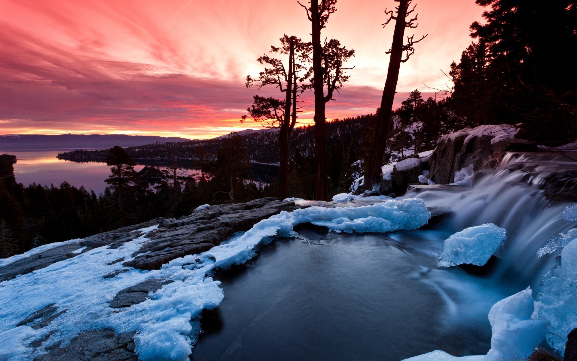 america water snow ice winter landscape cold outdoors nature travel sunset river evening frozen tree waterfall scenic