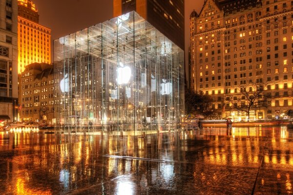 Illuminated building in the city of America