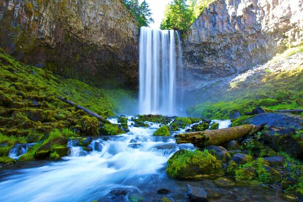 Ein üppiger Wasserfall fließt von den Bergen in eine Spalte und der Fluss führt zum Meer