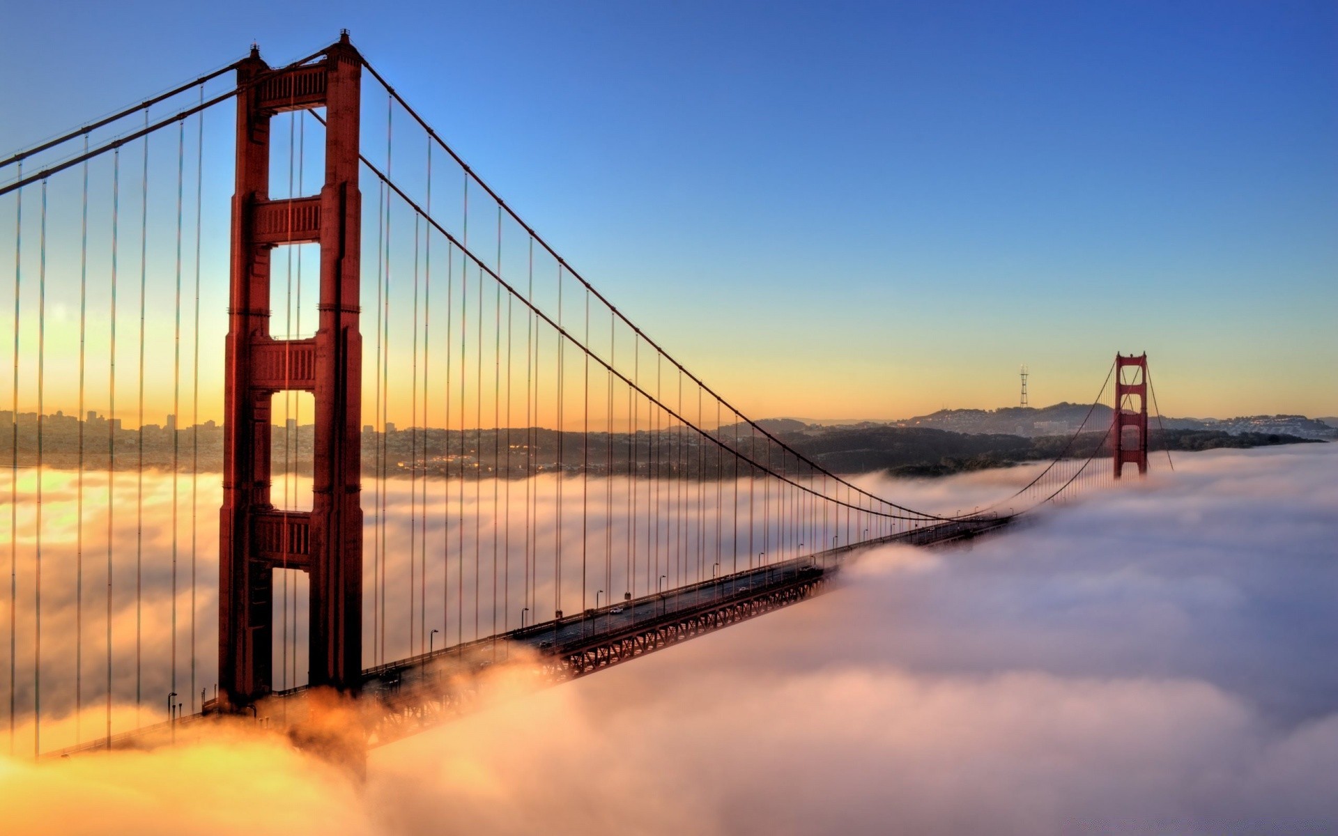 america bridge suspension bridge water sunset suspension sky reflection dawn architecture river evening dusk travel city light connection sea transportation system landscape