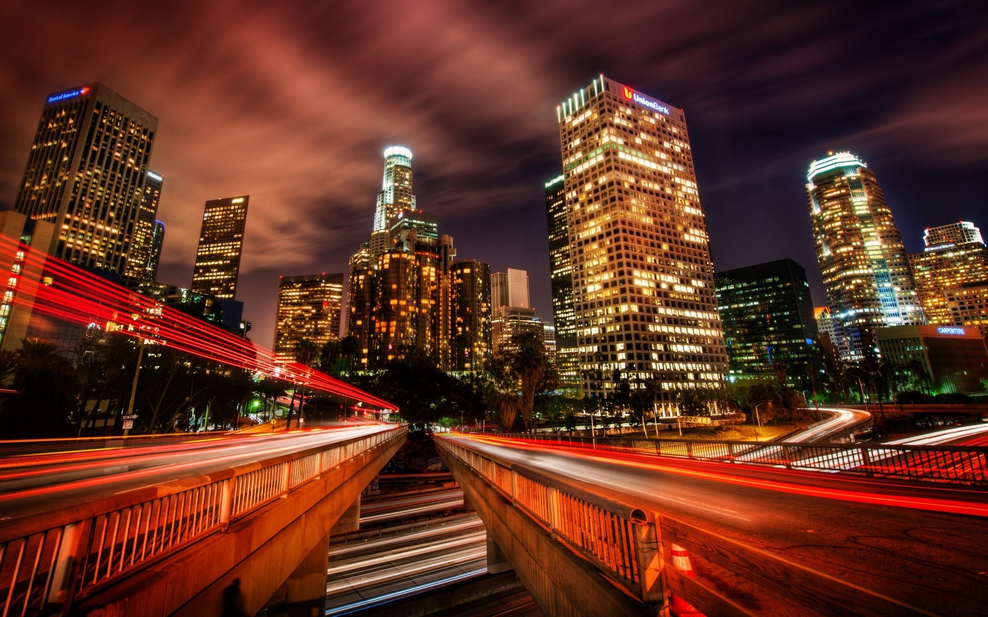 amerika stadtzentrum stadt wolkenkratzer stadt verkehr dämmerung skyline abend urban autobahn architektur reisen brücke straße haus straße schnell unschärfe bus modern