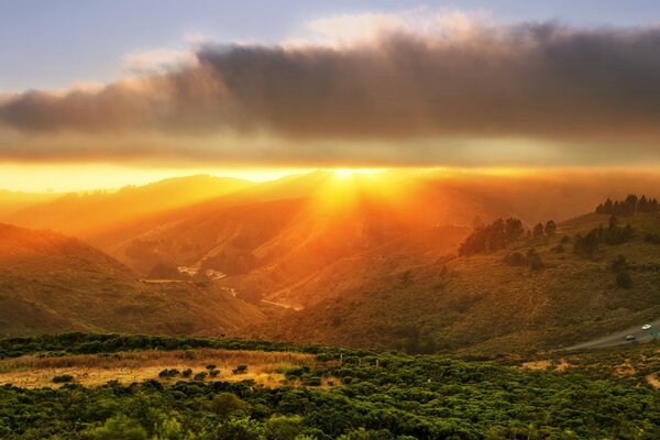 Landscape of orange sunset sky