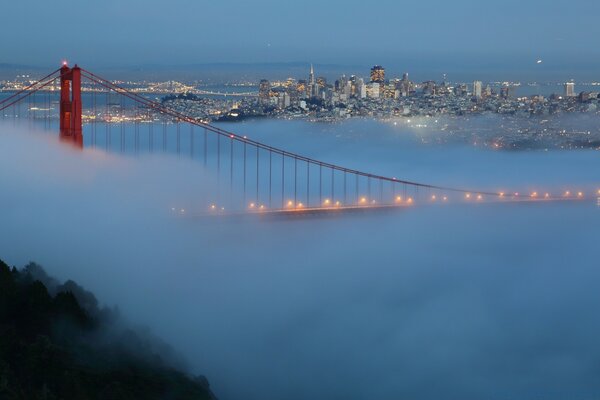 The lights of the suspension bridge in the fog