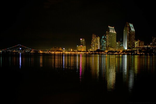 Luzes da cidade noturna refletidas na água