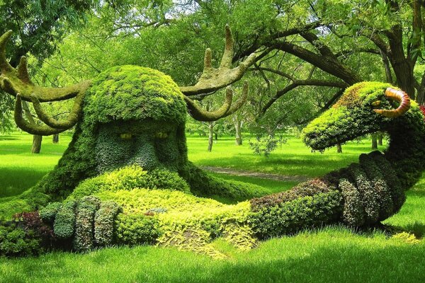 Escultura de hierba en un árbol. Parque América