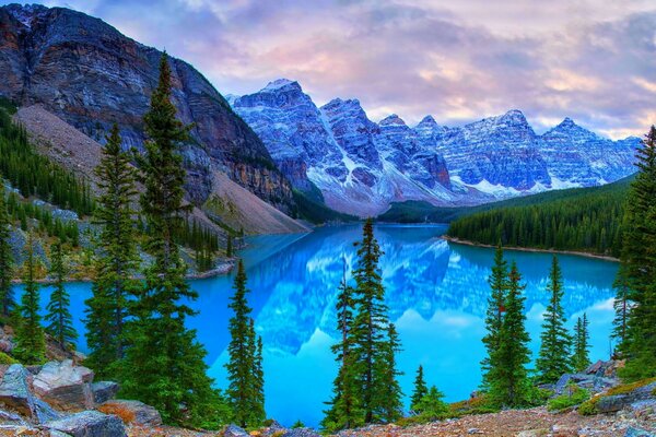 Pintura de lago de montaña azul con bosque