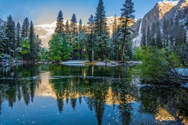 Nature. Fir trees, mountains are reflected in the lake