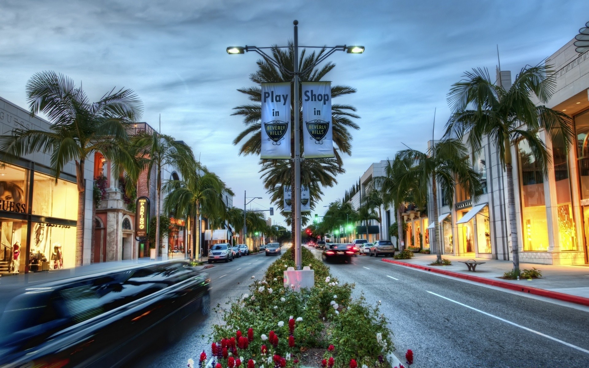 america travel street road car transportation system palm city traffic building urban tourism vacation hotel pavement blur outdoors architecture sky evening