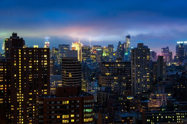 Night city glowing skyscrapers