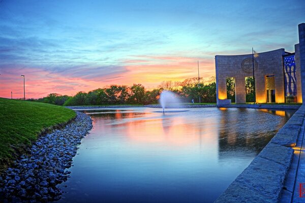 Beautiful fountain with evening lighting