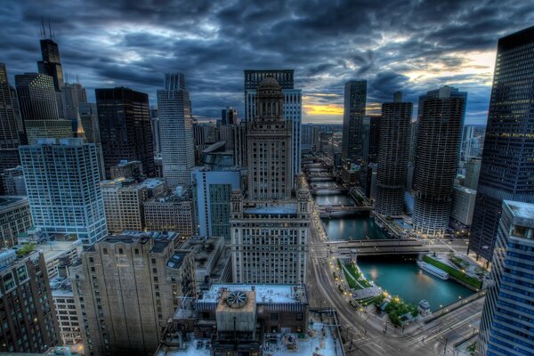 A beautiful city at sunset from a bird s-eye view