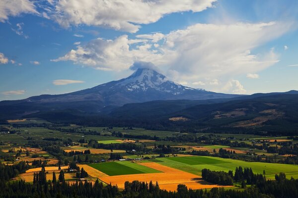 A mountain peak among fields