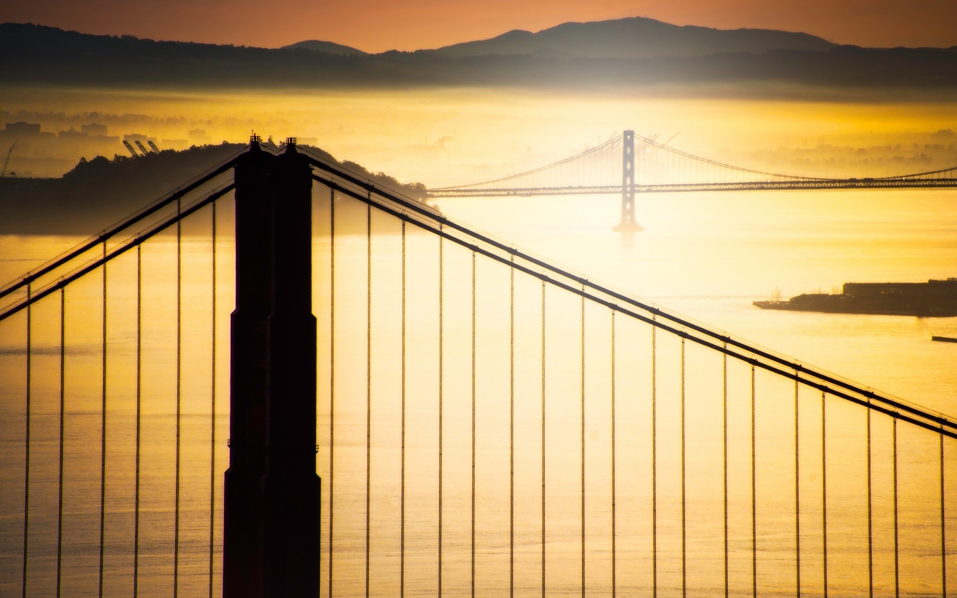 america sunset dawn bridge sky reflection water dusk architecture evening city sun silhouette pier steel sea light ocean modern travel