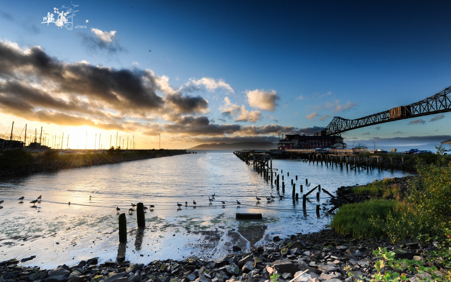 america water sunset bridge reflection river sky dawn landscape travel lake outdoors sea nature dusk evening ocean