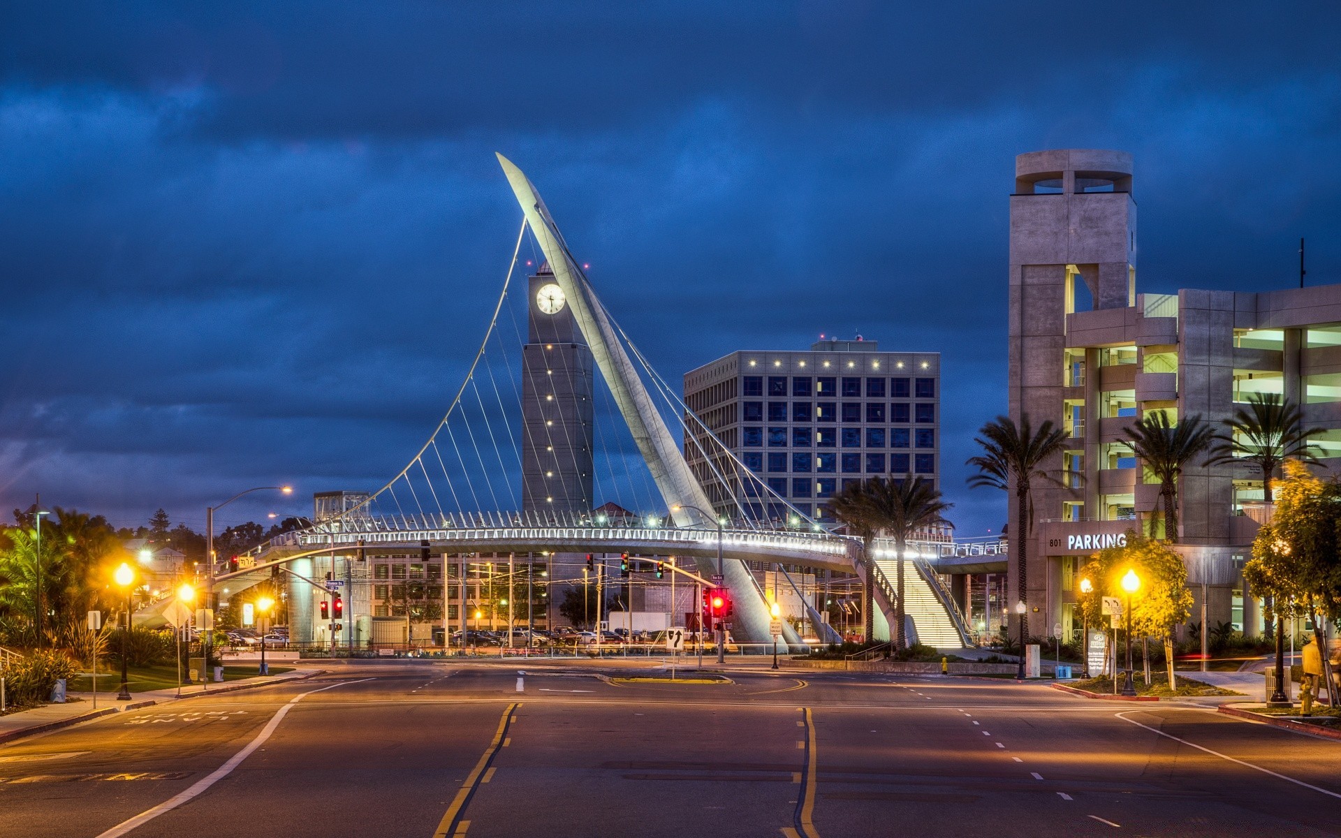 america city road traffic travel architecture street urban bridge building transportation system dusk downtown cityscape car highway evening sky skyscraper modern skyline