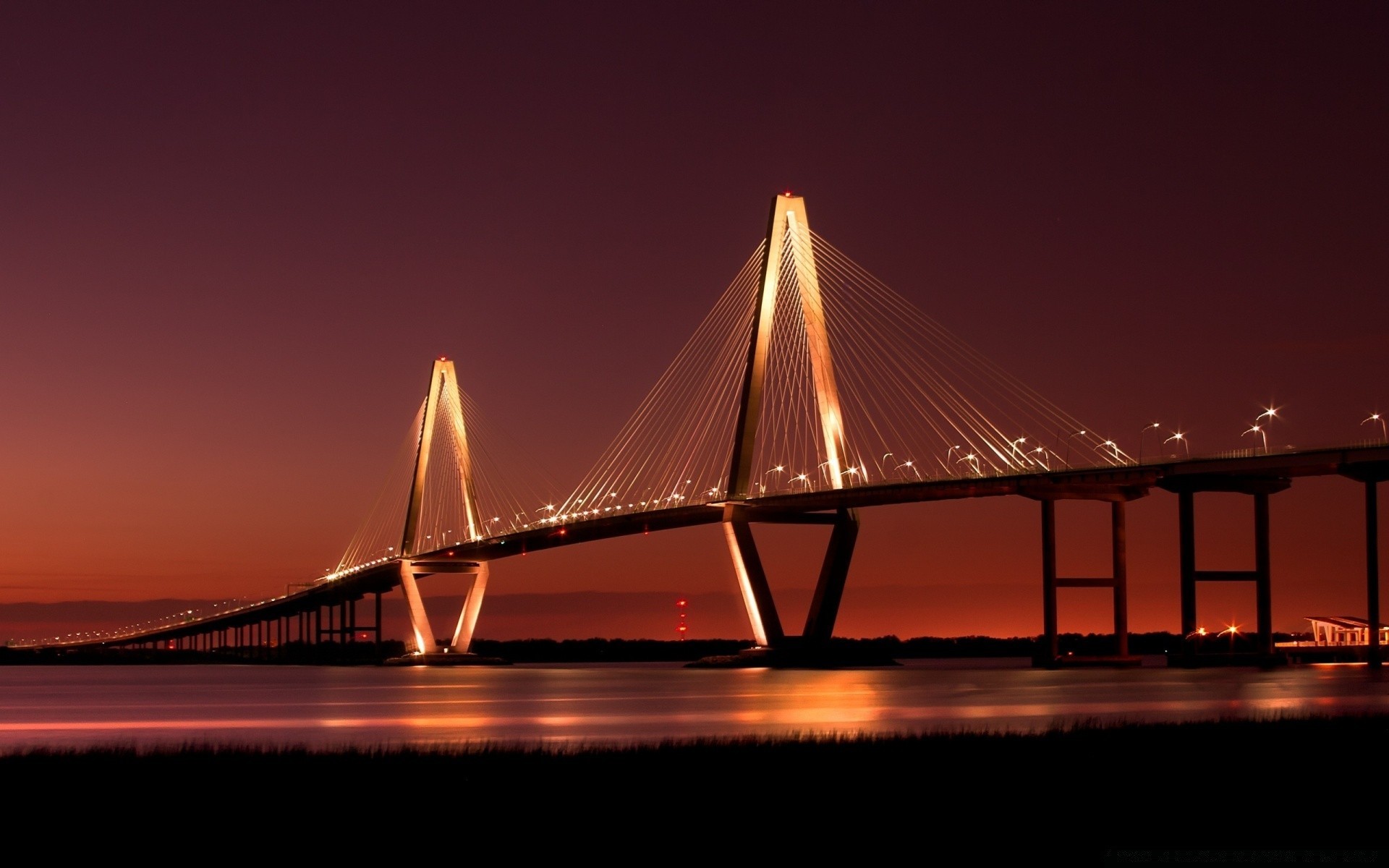 america bridge sunset water sky architecture transportation system travel evening city dusk connection suspension bridge river traffic suspension vehicle reflection light