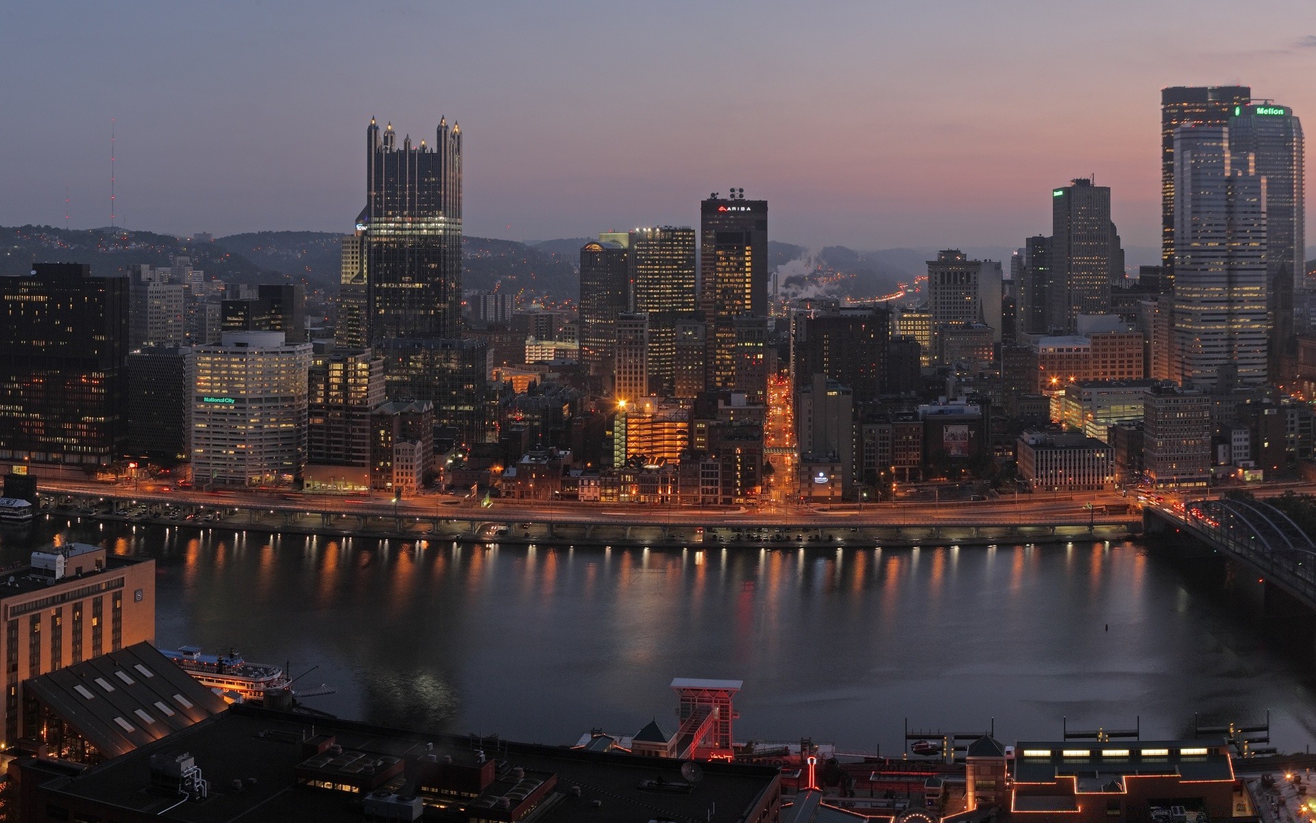 amérique ville skyline architecture ville gratte-ciel voyage crépuscule maison centre-ville bureau soir eau rivière coucher de soleil promenade port pont ciel