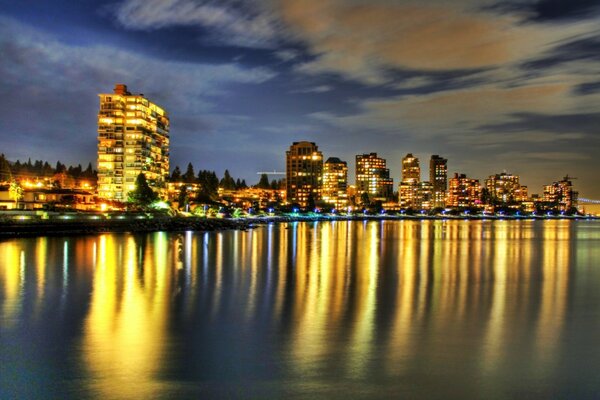 Reflection of the lights of the night city in the water