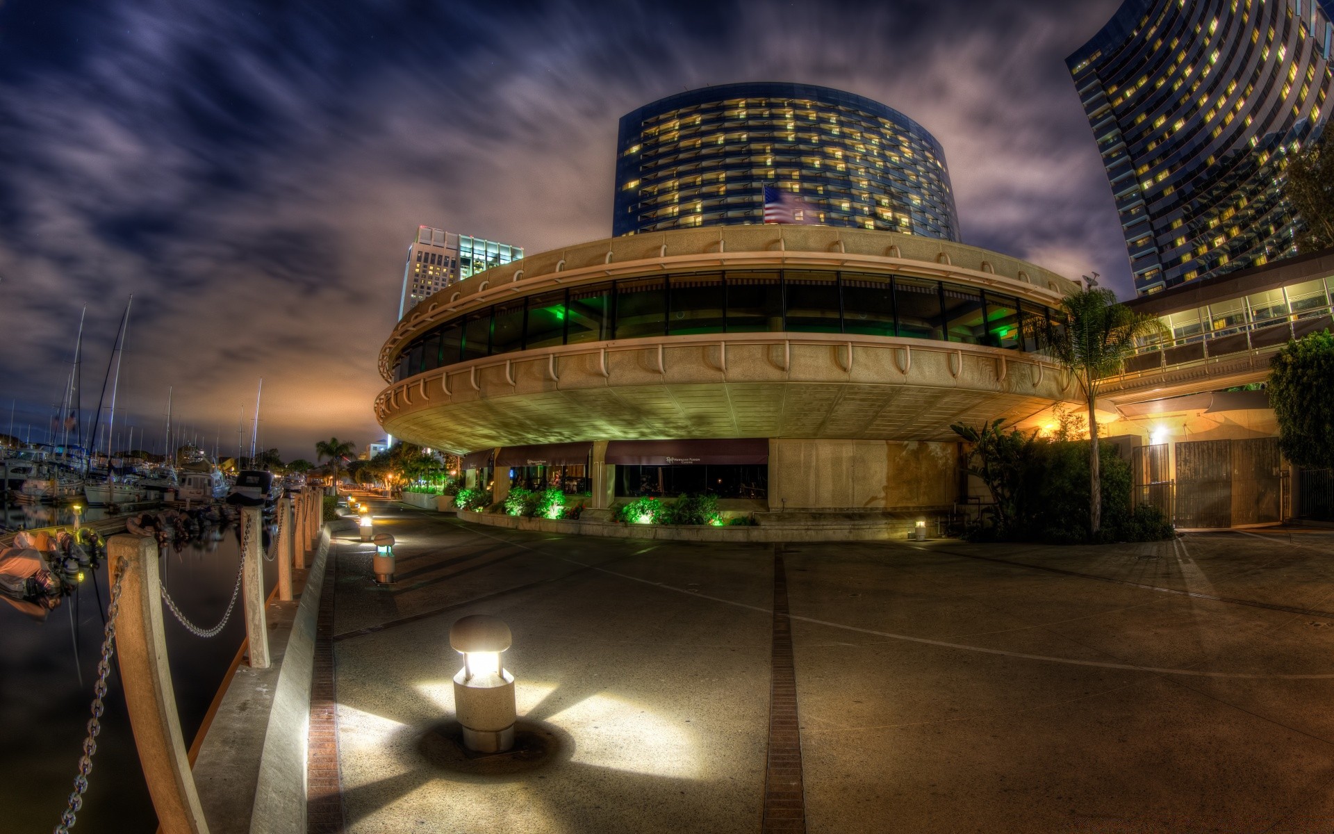 america city travel building urban modern architecture hotel sky bridge street light evening dusk reflection water downtown construction cityscape sunset road