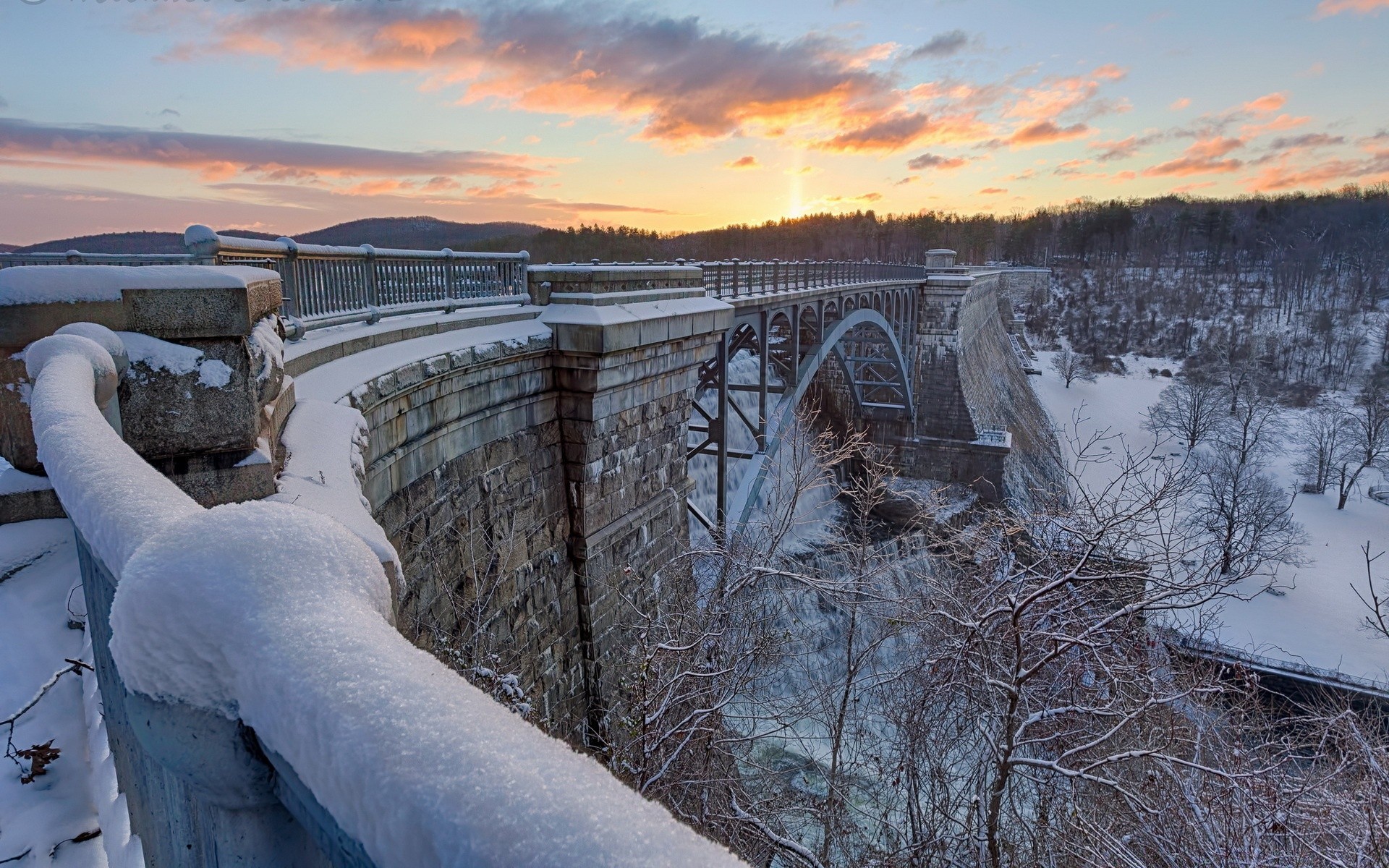 america winter snow cold ice frozen frost landscape water bridge river tree outdoors weather sky nature travel park lake