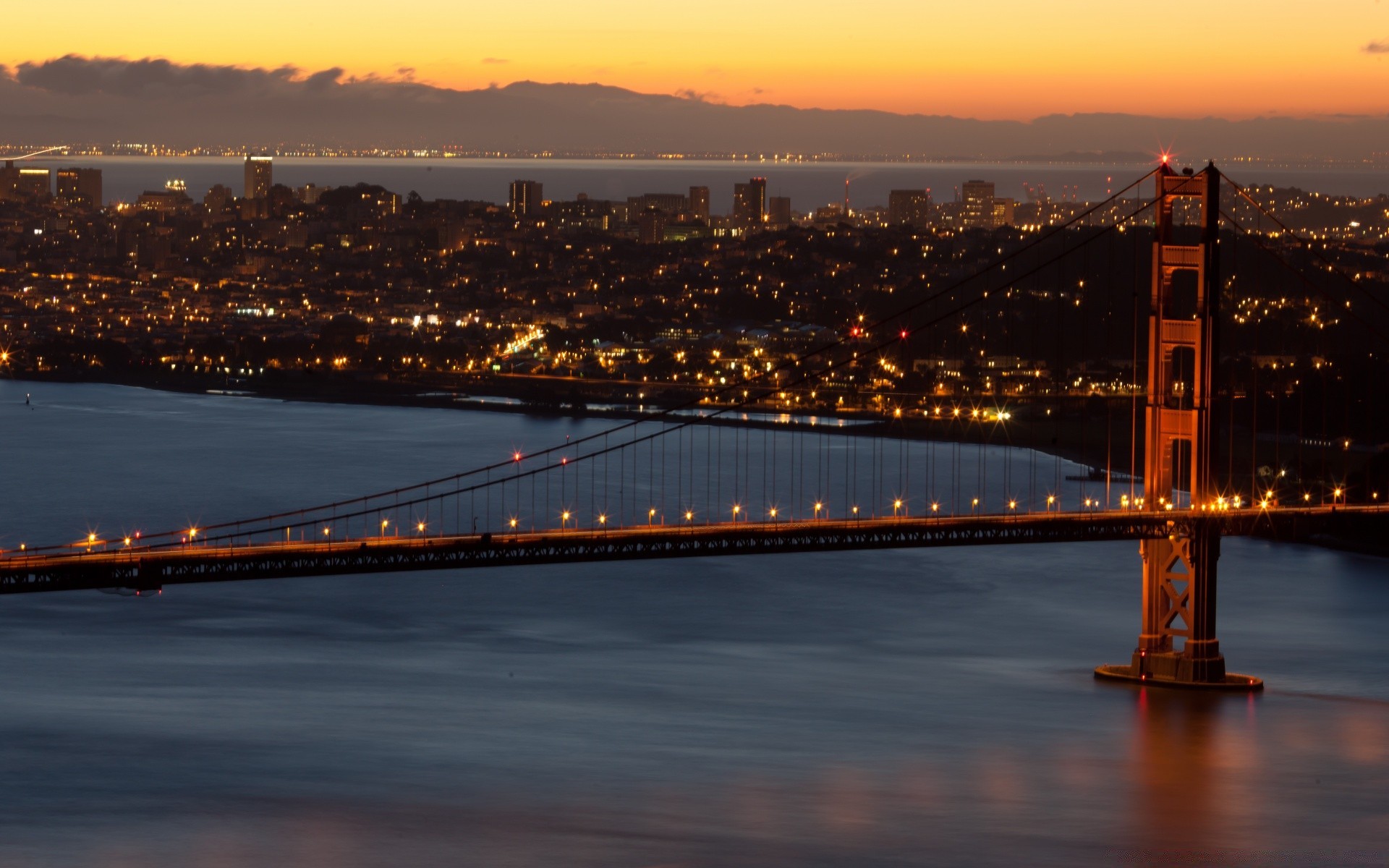 america bridge city water sunset travel river suspension bridge evening transportation system architecture dusk cityscape reflection light urban downtown building street sky