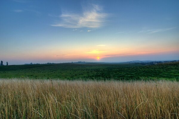 Landscape farmland field at sunset