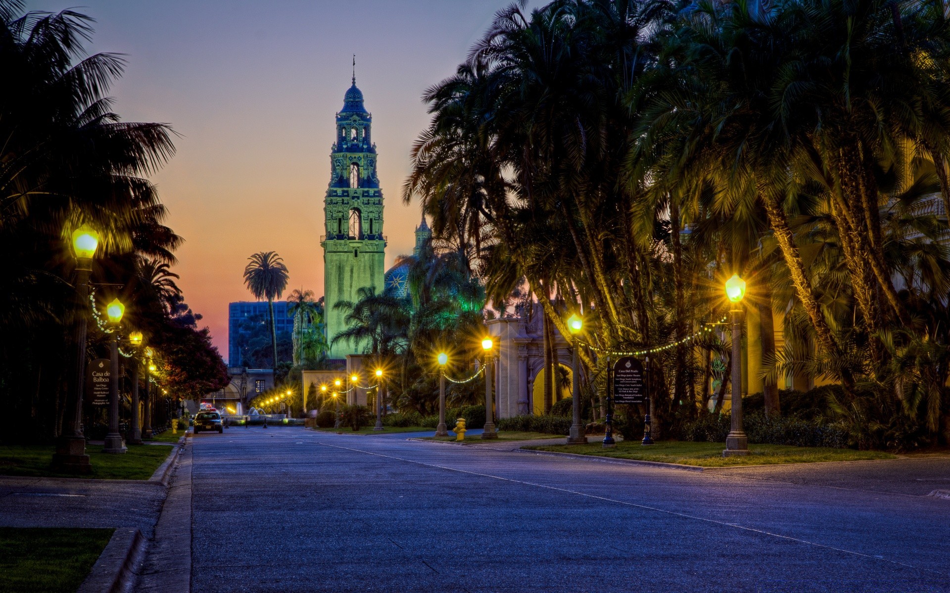 america street city travel architecture building evening urban light tree dusk outdoors tourism sky illuminated cityscape