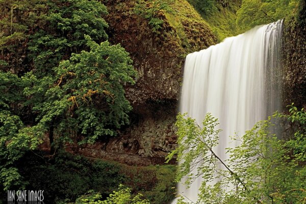 Cascada de montaña en la mañana de otoño